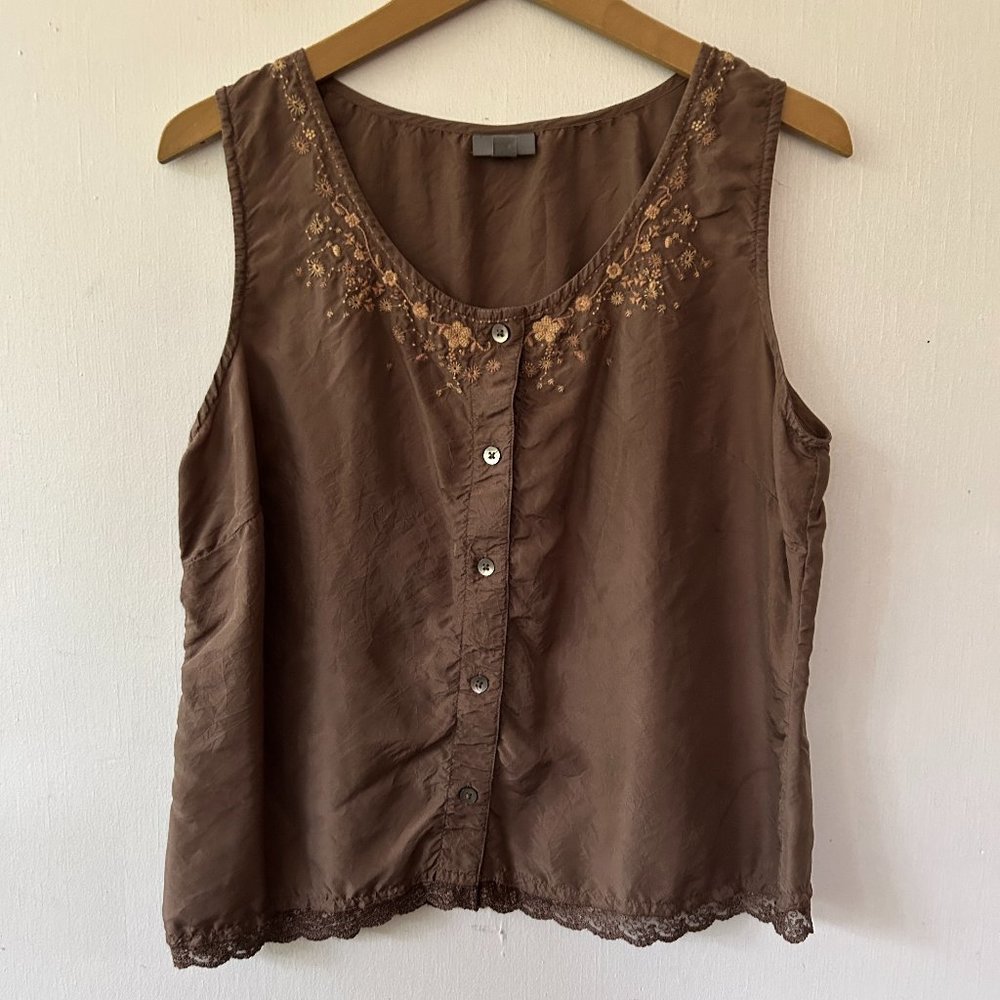 J.Jill Sleeveless Silk Blouse Womens Medium Brown Button Front Y2K Embroidered